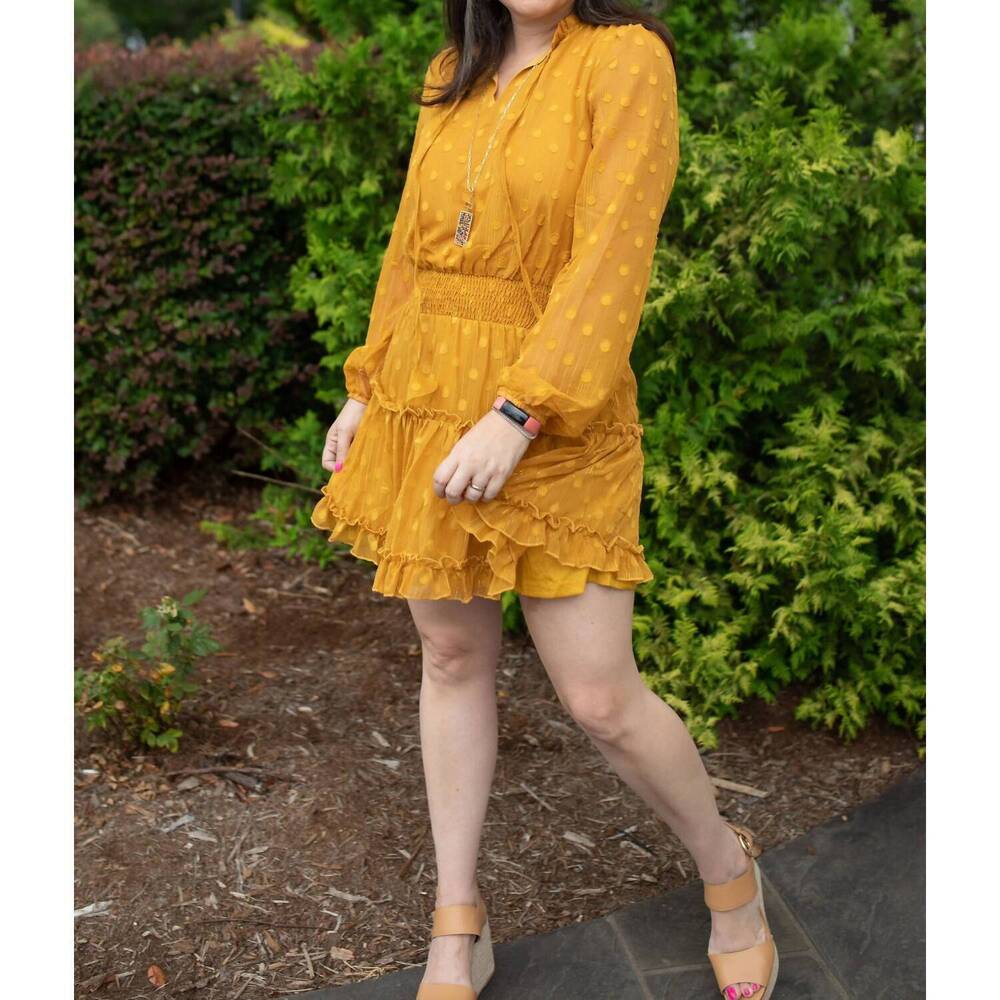 NEW VOY makenzie mini dot ruffle dress in mustard
